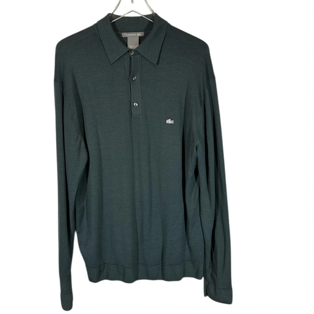 LACOSTE Men's 6/XL Green Collared Lightweight Sweater Pure Virgin Wool